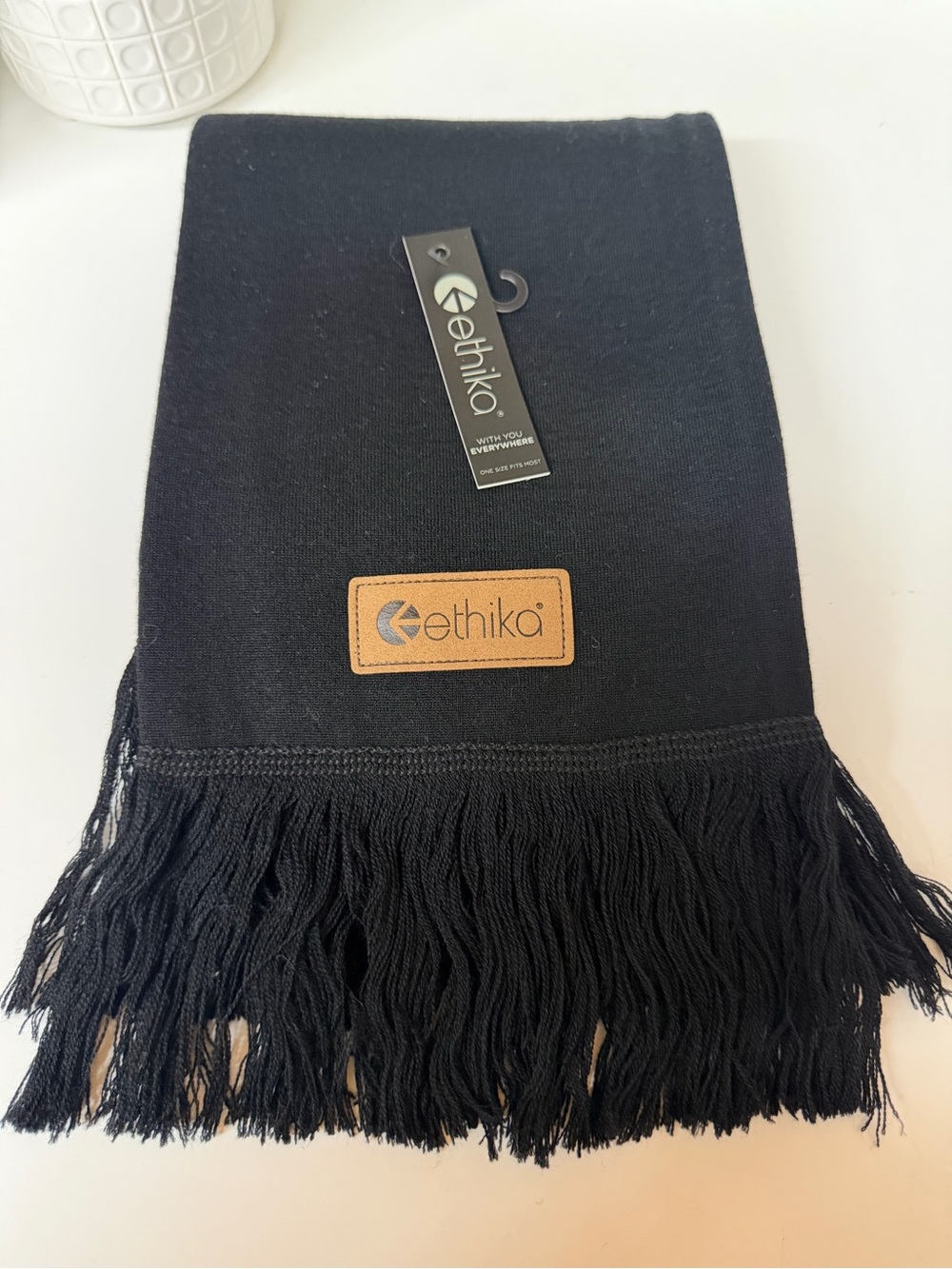 ethika Black Fringe Scarf with Tan Logo Patch